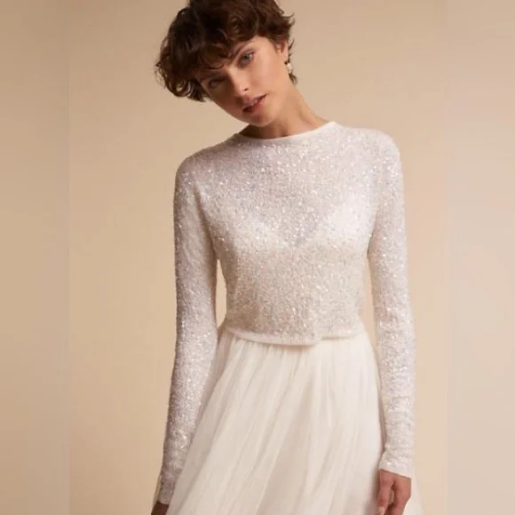 BHLDN Elegant Iridescent White Sequin Long Sleeve Sweater Bridal Cover Up Ananda - Picture 1 of 7